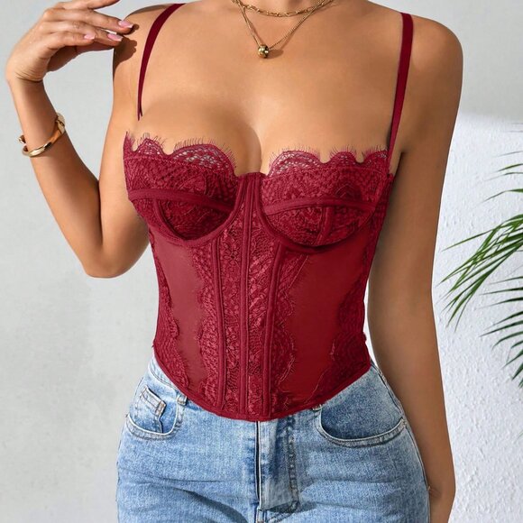 Burgundy Elegant Sexy Women's Bodycon Lace Trim Bustier Top - Picture 5 of 11